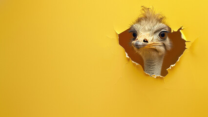 A bashful ostrich pops its head through a hole in the bright yellow paper, creating a comical image - obrazy, fototapety, plakaty