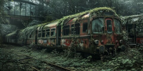 Fototapeta na wymiar Nature's Reclamation: The Apocalyptic Train