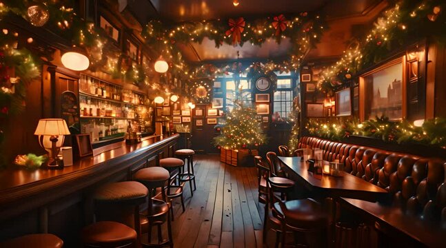 Cozy pub interior decked out in festive Christmas decorations with warm lighting