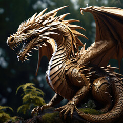 Wooden dragon, a symbol of the Chinese New Year 2024. A carved gold statue of a traditional creature. A fabulous winged monster. Eastern horoscope sign.