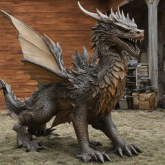 Carved wooden dragon statue, art of carving. Realistic statue of the symbol of the Chinese New Year 2024. A fabulous winged monster. Eastern horoscope sign, astrology.