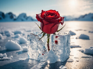 close-up photo of a beautiful red rose breaking through a melting cube made of ice and growing up in spring sun, generative AI