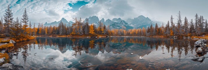 Tranquil high tatra lake in early autumn  colorful mountain sunrise, pine forest, ideal for hiking - obrazy, fototapety, plakaty