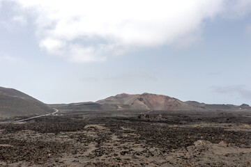 Wild and deserted volcanic landscape of the Timanfaya National park, Lanzarote, Canary islands