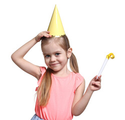 Birthday celebration. Cute little girl in party hat with blower on white background