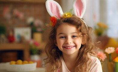 Portrait of a very cute pretty girl in a headdress of flowers and Easter bunny ears on the background of spring flowers in a children's room. Blonde girl with wavy hair smiling on Easter day. Easter