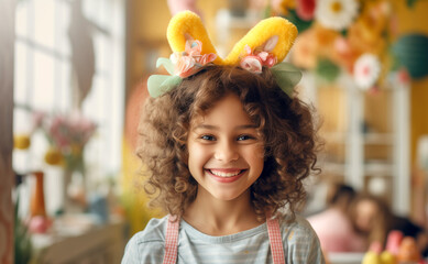 Portrait of a very cute pretty girl wearing a headdress of flowers and Easter bunny ears in yellow color on the background of a room in bright shades. Girl with wavy hair smiling on happy Easter day