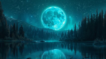 A full moon in the sky over a forest and lake, with a reflection on the water, in a night scene with stars, and a bright turquoise glow from the full moon, in a fantasy landscape, in a digital art sty