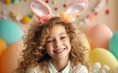 Obraz na płótnie Canvas Very cute teenage girl with curly long blonde hair and blue eyes,Easter bunny ears on her head, smiling while in a child's room decorated with bright balloons in the form of Easter eggs.Easter concept