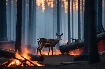 Deer stands against background of burning forest, wild animal in midst of fire and smoke, concept...