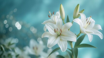 A cluster of delicate white lilies blooming elegantly against a serene blue backdrop.