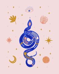 Naklejka premium Isolated boho snake with eye, moon, star and plants. Esoteric serpent. vector illustration for print, poster, banner, greeting card.