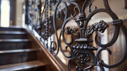 A close-up of the intricate wrought iron railing adorning the staircase of a craftsman townhouse,...