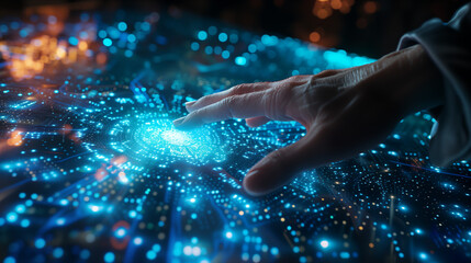 Hand using a futuristic high-tech touch screen with augmented reality symbols