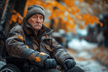 portrait of old elderly military veteran disabled man homeless in invalid wheelchair in street in autumn