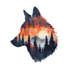 silhouette wolf head with forest scene inside vector illustration in watercolour style