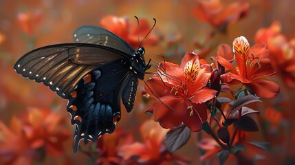 A red butterfly on a red flower - obrazy, fototapety, plakaty
