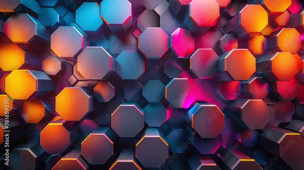 Poster vibrant hexagons interlocking in a seamless pattern, evoking the idea of interconnected systems and 
