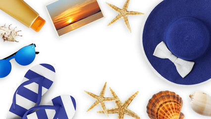 Top view of sea beach holiday accessories: Blue sun hat, sunglasses, flip flops, seashell,...