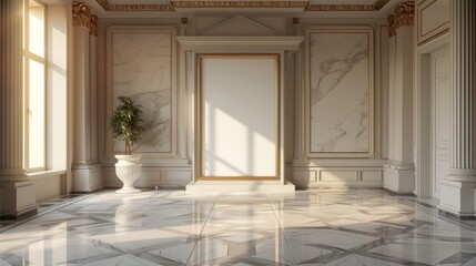 Luxurious gallery hall featuring a large blank canvas, marble floors, and lush potted plants.