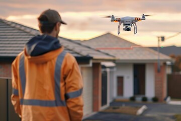 Professional Operator Conducting a Detailed Roof Inspection Using a Drone, Ensuring Home Safety and Quality in a Serene Residential Neighborhood at Sunset.