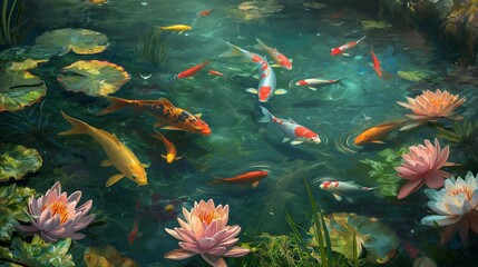 Fototapeta na wymiar A peaceful garden pond teeming with colorful koi fish, their graceful movements complementing the beauty of the surrounding water lilies.