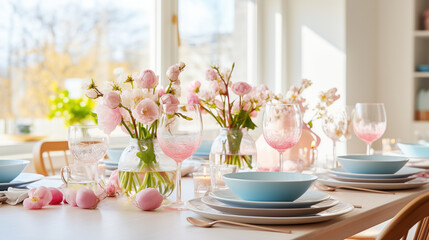 Fototapeta na wymiar Modern kitchen with set of dishes in pastel pink and cherry blossoms. Spring table setting for Easter, in cozy kitchen