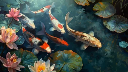 Foto op Canvas A peaceful garden pond teeming with colorful koi fish, their graceful movements complementing the beauty of the surrounding water lilies. © ITS YOUR'S