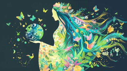Mother Nature with Globe in Vibrant Ecosystem Illustration - obrazy, fototapety, plakaty