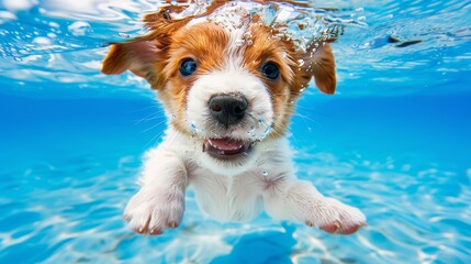 Humorous underwater portrait  playful dog diving deep on summer vacation with close up shot