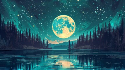 A full moon in the sky over a forest and lake, with a reflection on the water, in a night scene with stars, and a bright turquoise glow from the full moon, in a fantasy landscape, in a digital art sty - obrazy, fototapety, plakaty