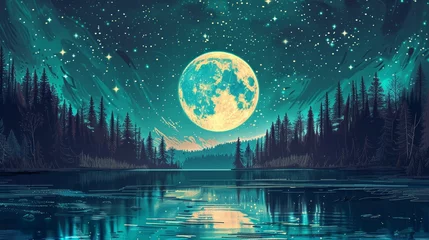 Rollo A full moon in the sky over a forest and lake, with a reflection on the water, in a night scene with stars, and a bright turquoise glow from the full moon, in a fantasy landscape, in a digital art sty © Xabi