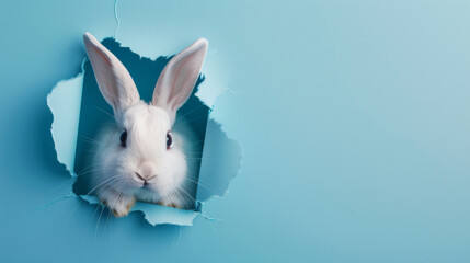 Cute easter bunny peeking through a hole in a blue paper wall with copy space, greetings card design