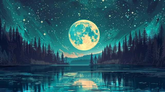 A full moon in the sky over a forest and lake, with a reflection on the water, in a night scene with stars, and a bright turquoise glow from the full moon, in a fantasy landscape, in a digital art sty