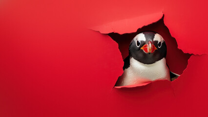 In this image, a penguin peers out through a red paper tear, reflecting anticipation and interest