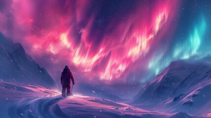 Aurora Carve: Snowboarder Shredding Down Mountain under Northern Lights, generative ai