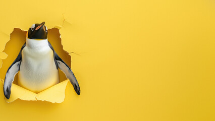 An amusing penguin gracefully sticks out of a burst in a sunshiny yellow surface, illustrating...