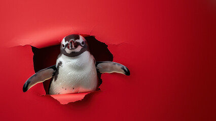 A penguin looks charmingly from a jagged hole in a red background suggesting a sense of adventure...