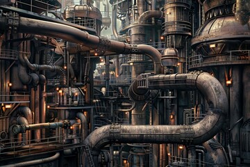 Capture the intricate machinery and complex processes of a heavy factory in stunning detail. - obrazy, fototapety, plakaty