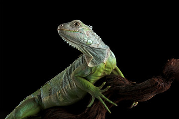 Colombian green iguana isolated on black	

