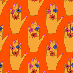 psychedelic seamless pattern-hands with hippie gestures.1970 aesthetics ornament.Rainbow funky and groove vibes.Gestures of hands of different colors.Punk print for clothes,paper.Trippy art,peace	