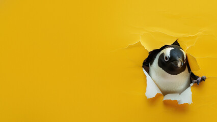An adorable penguin with a playful wink pops through a yellow torn paper, symbolizing fun