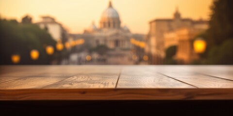 The empty wooden table top with blur background of Rome. Exuberant image. generative AI - obrazy, fototapety, plakaty