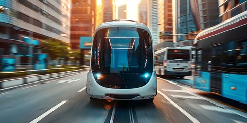 Autonomous bus carrying passengers smoothly and safely through urban streets. Concept Autonomous Vehicles, Public Transportation, Urban Mobility, Safety Measures, Smart City Technology - obrazy, fototapety, plakaty