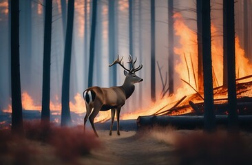 Deer on background of burning forest, wild animal in midst of fire and smoke, concept of an ecological disaster, extinction or death of animals
