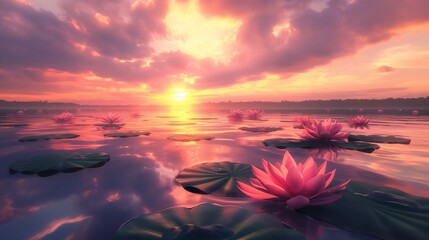 A serene lotus pond at sunset, the sky ablaze with hues of orange and pink reflected in the calm water below. - obrazy, fototapety, plakaty