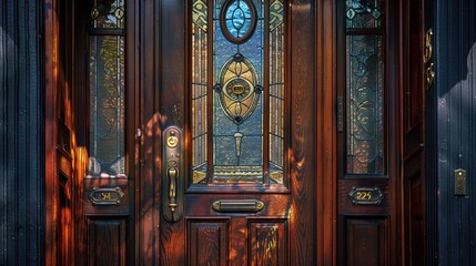 A detailed shot of a craftsman townhouse's front door, boasting intricate stained glass panels and ornate brass hardware, inviting guests inside.