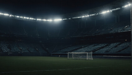 Fototapeta premium Desolate football stadium, bathed in shadows, with scattered stadium lights illuminating the empty stands.