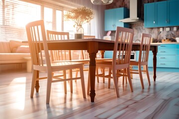 Obraz premium Cozy warm kitchen interior with wooden furniture.