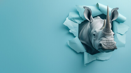 A powerful rhinoceros emerges from a torn blue paper background, showcasing strength and...